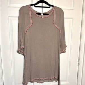 Lulu Lala Boho Beige Tunic with Red Embroidered Trim 3/4 Bell Sleeves